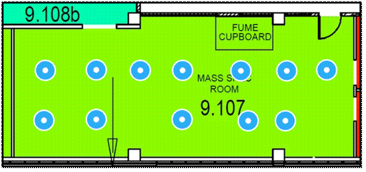 Floor plan of the biomolecular mass spectrometry facility, indicating 12 hotspots on the virtual map.