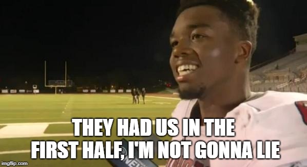 Figure 1. Example of a common meme format
Note. The above image is taken from a post-game interview with an American high school football player whose team rallied from a large deficit to win their game in the second half. It has been since used as a ‘reaction image’ to express surprise toward captions where the initial and later messages convey different meanings.
